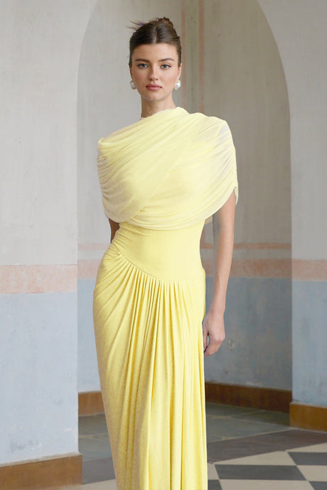 Aurohaya Catherine asymmetrical pleated maxi dress in Yellow