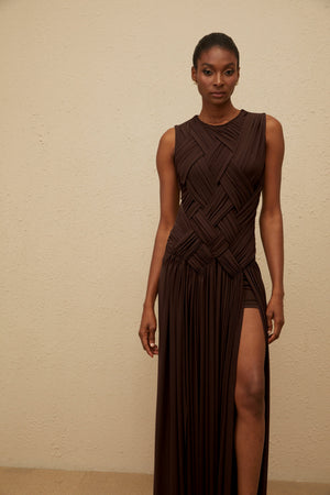 Aurohaya Daphné Brown Asymmetrical Braided Tulle Midi Dress