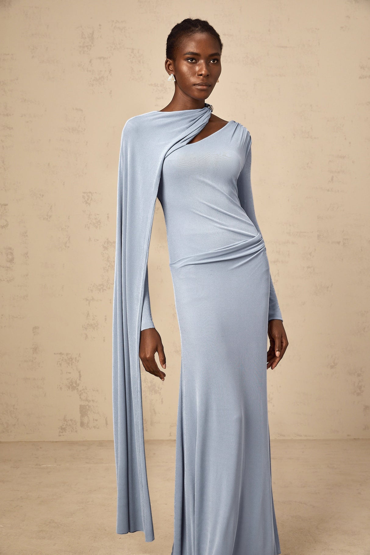 Aurohaya Josette Blue Diagonal Shawl Fitted Maxi Dress