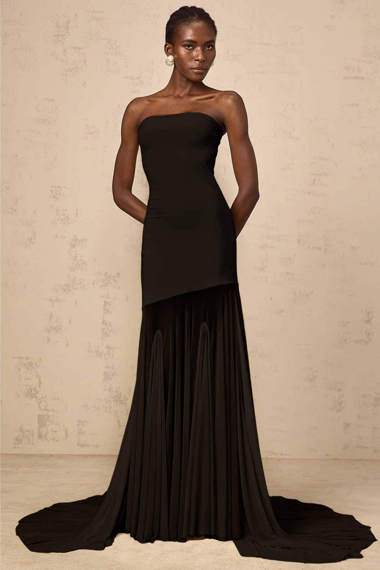 Aurohaya Josiane Black Off-shoulder Sheer Tulle Maxi Dress