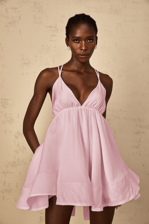 Aurohaya Quincie Pink Shirred Flounced Mini Dress