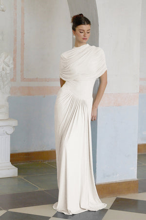 Aurohaya Catherine White Asymmetrical Pleated Maxi Dress