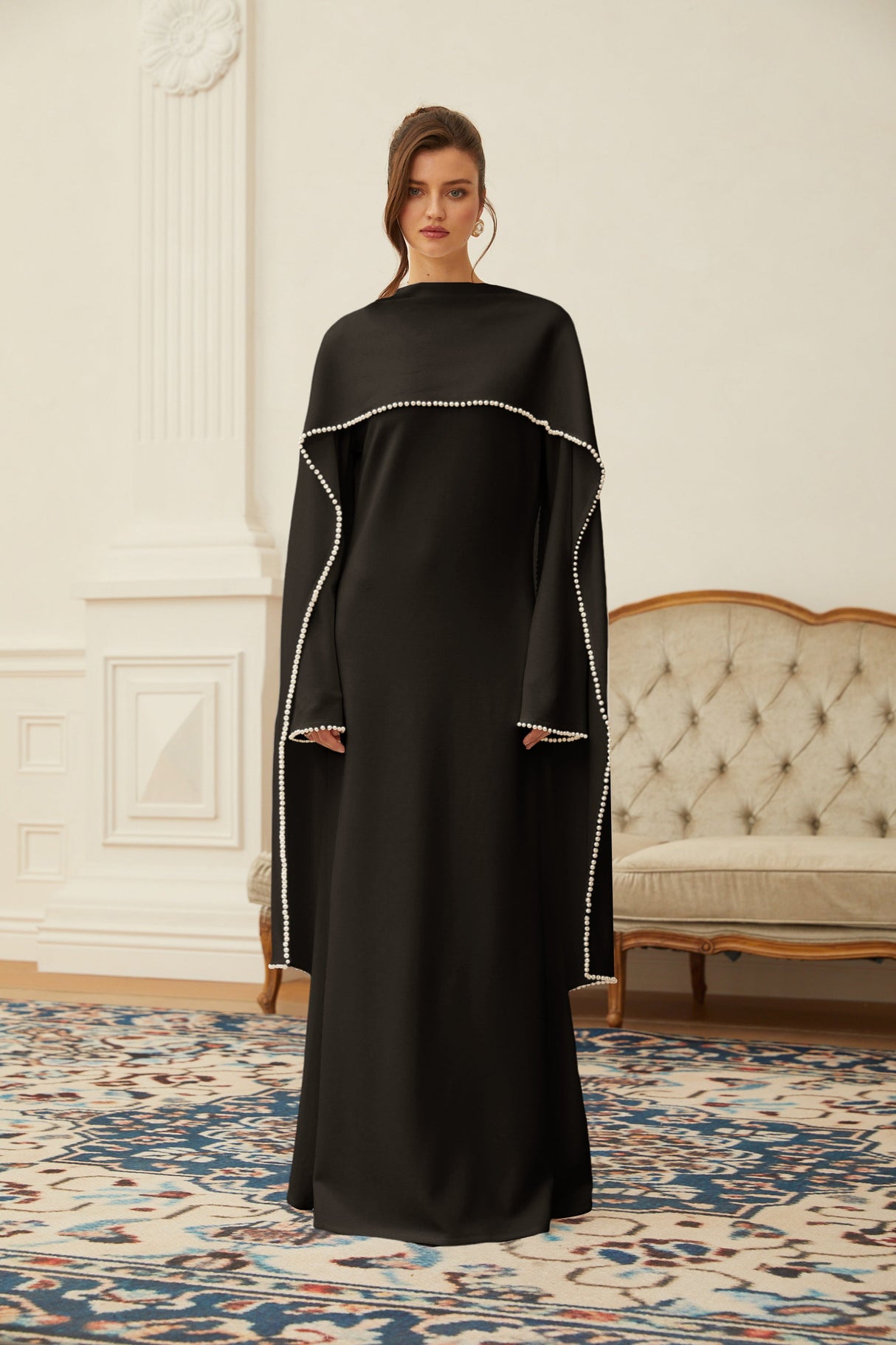 Aurohaya Piroska Black Pearl Trim Shawl Detail Maxi Dress