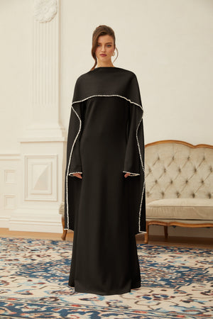 Aurohaya Piroska Black Pearl Trim Shawl Detail Maxi Dress