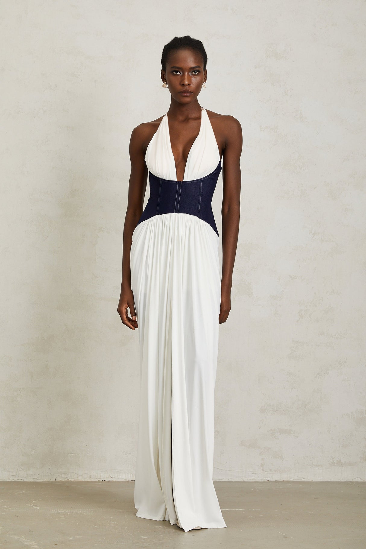 Aurohaya Airi White Halterneck Denim Panel Maxi Dress