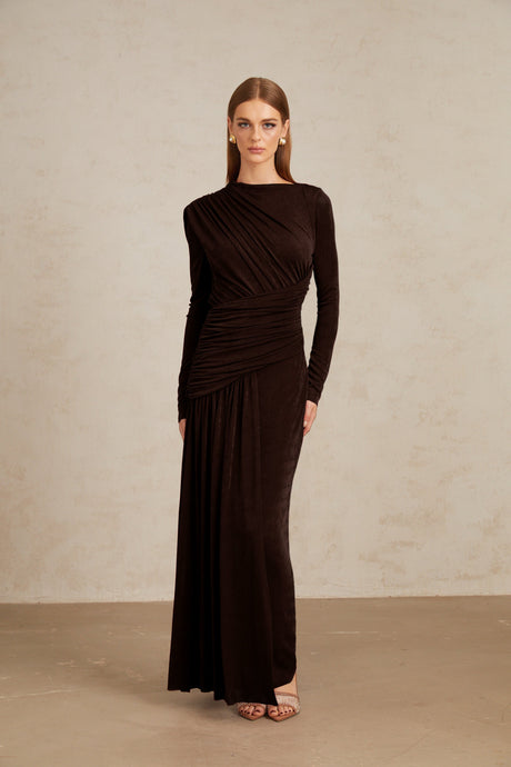 Aurohaya Charme Brown Ruched Maxi Dress