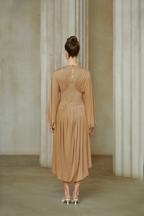 Aurohaya Kenza Pink Asymmetrical Pleated Midi Dress