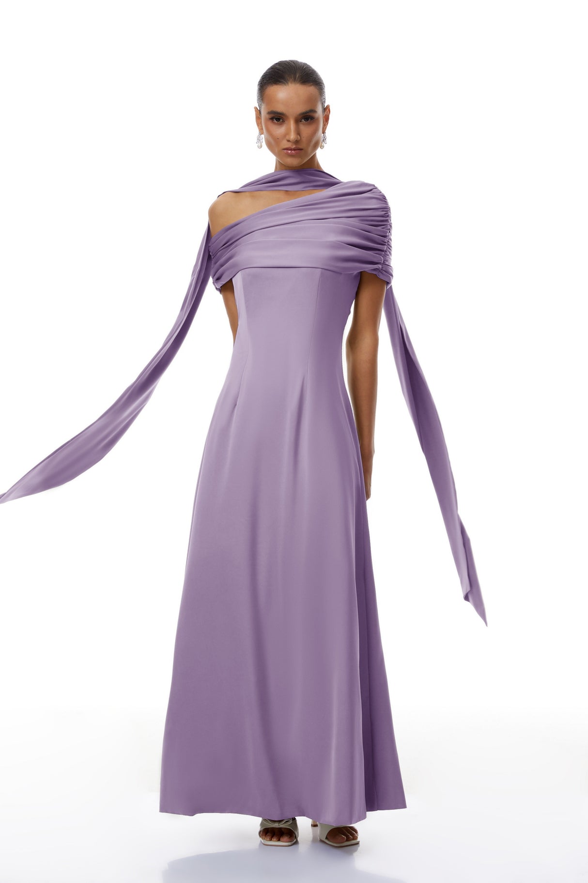 Aurohaya Benedetta Lilac One Shoulder Satin Maxi Dress