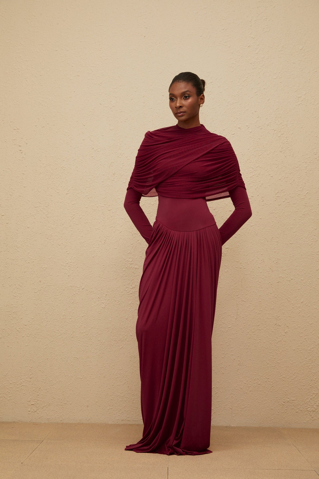Aurohaya Catherine Red Asymmetrical Pleated Long-Sleeve Maxi Dress