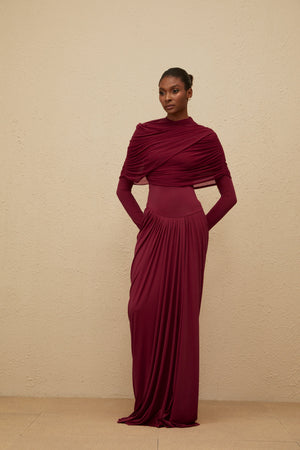 Aurohaya Catherine Red Asymmetrical Pleated Long-Sleeve Maxi Dress