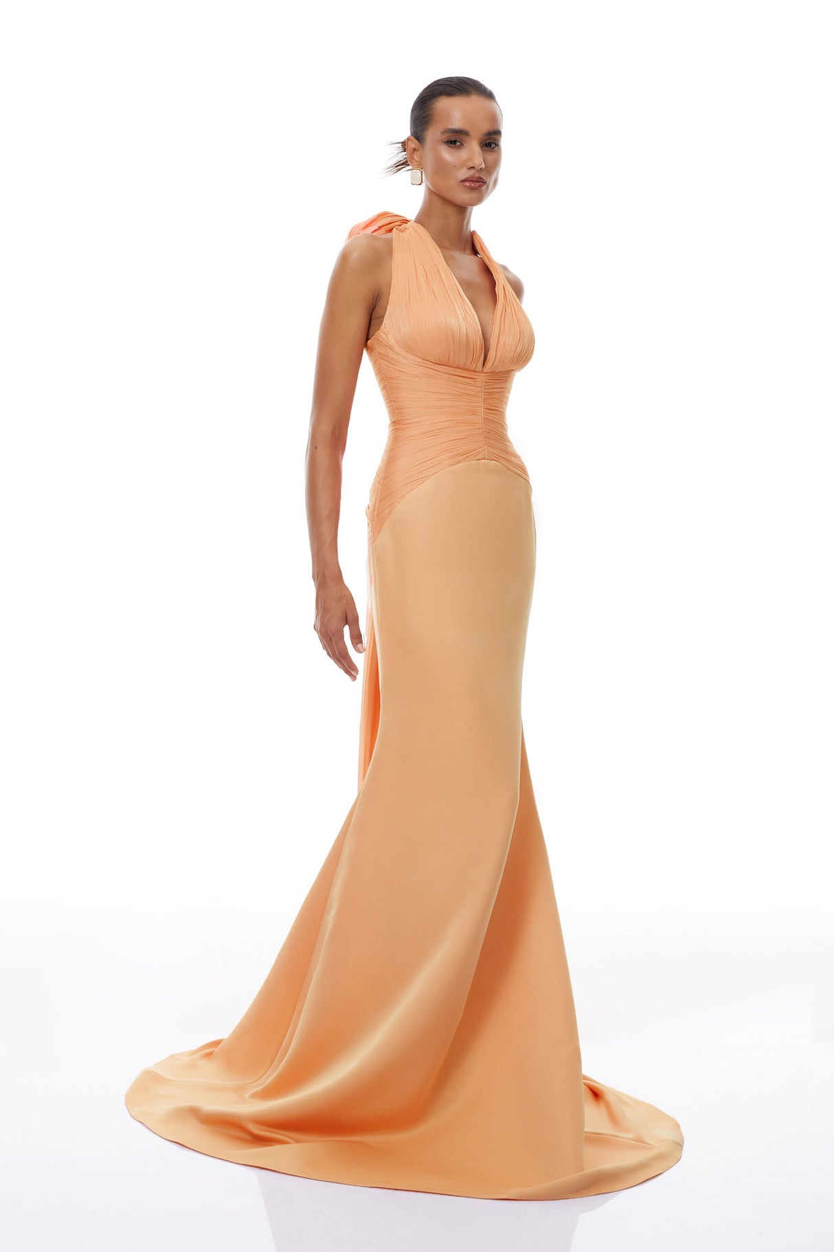 Aurohaya Emmeline Orange Train Design Gathered Maxi Dress