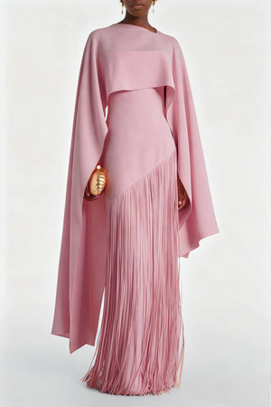 Aurohaya Cayetana Pink Fringe Maxi Dress with Cape Effect