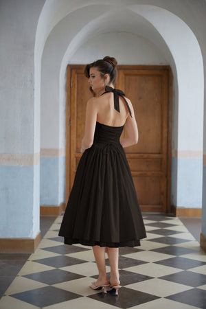 Aurohaya Eponine Black Layered Flared Hem Midi Dress