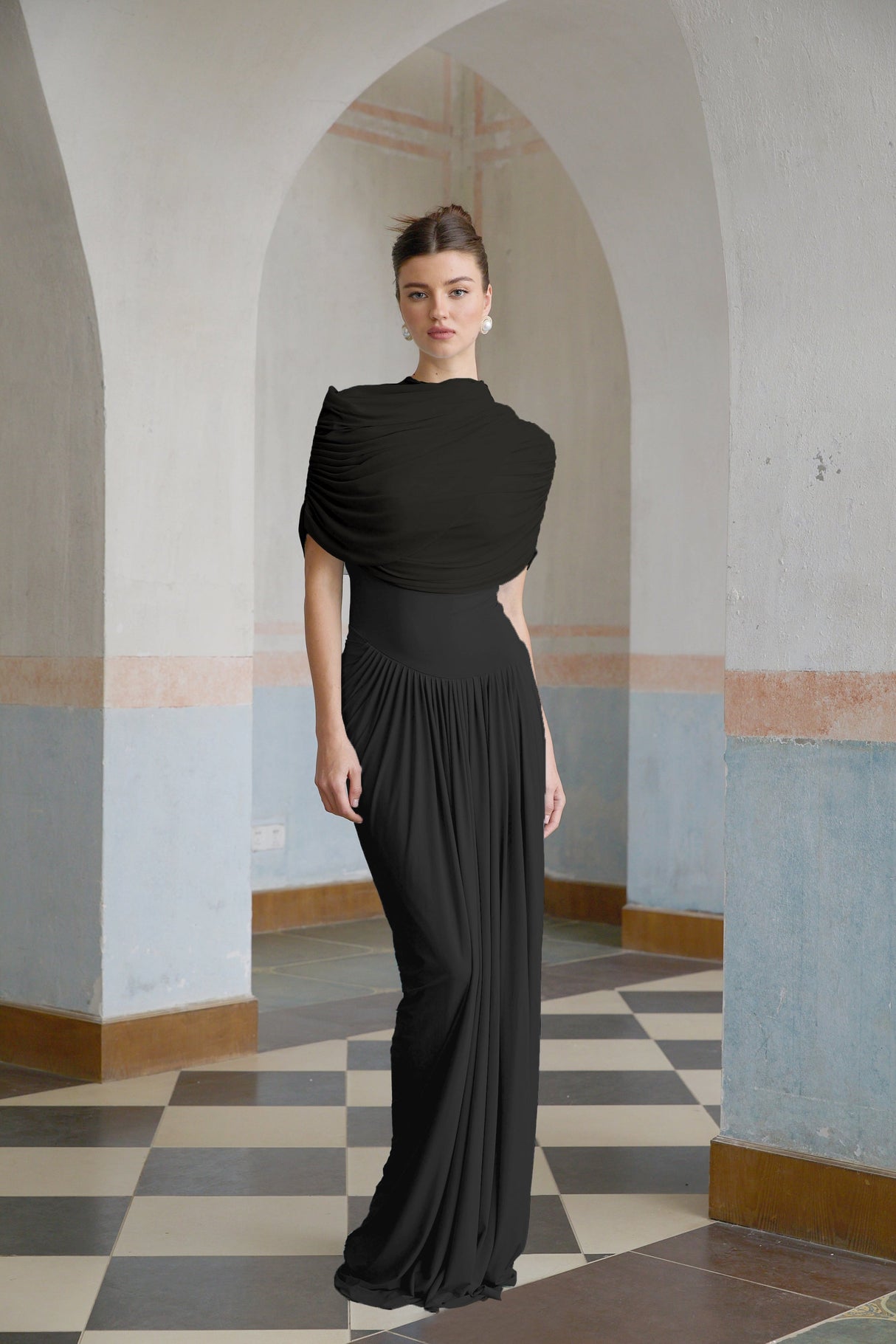 Aurohaya Catherine Black Asymmetrical Pleated Maxi Dress