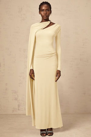 Aurohaya Josette Yellow Diagonal Shawl Fitted Maxi Dress