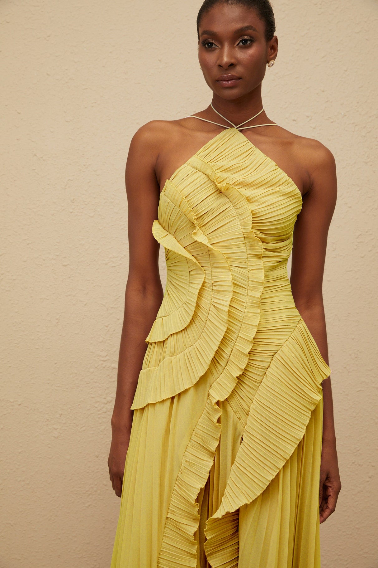 Aurohaya Doux Yellow Ruffled Trim Pleated Midi Dress