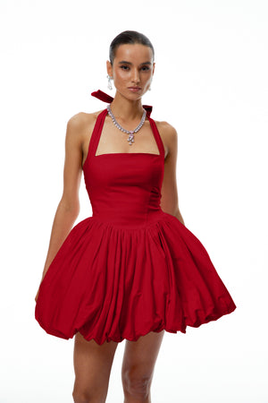 Aurohaya Anaelle Red Shirred Puffball Mini Dress