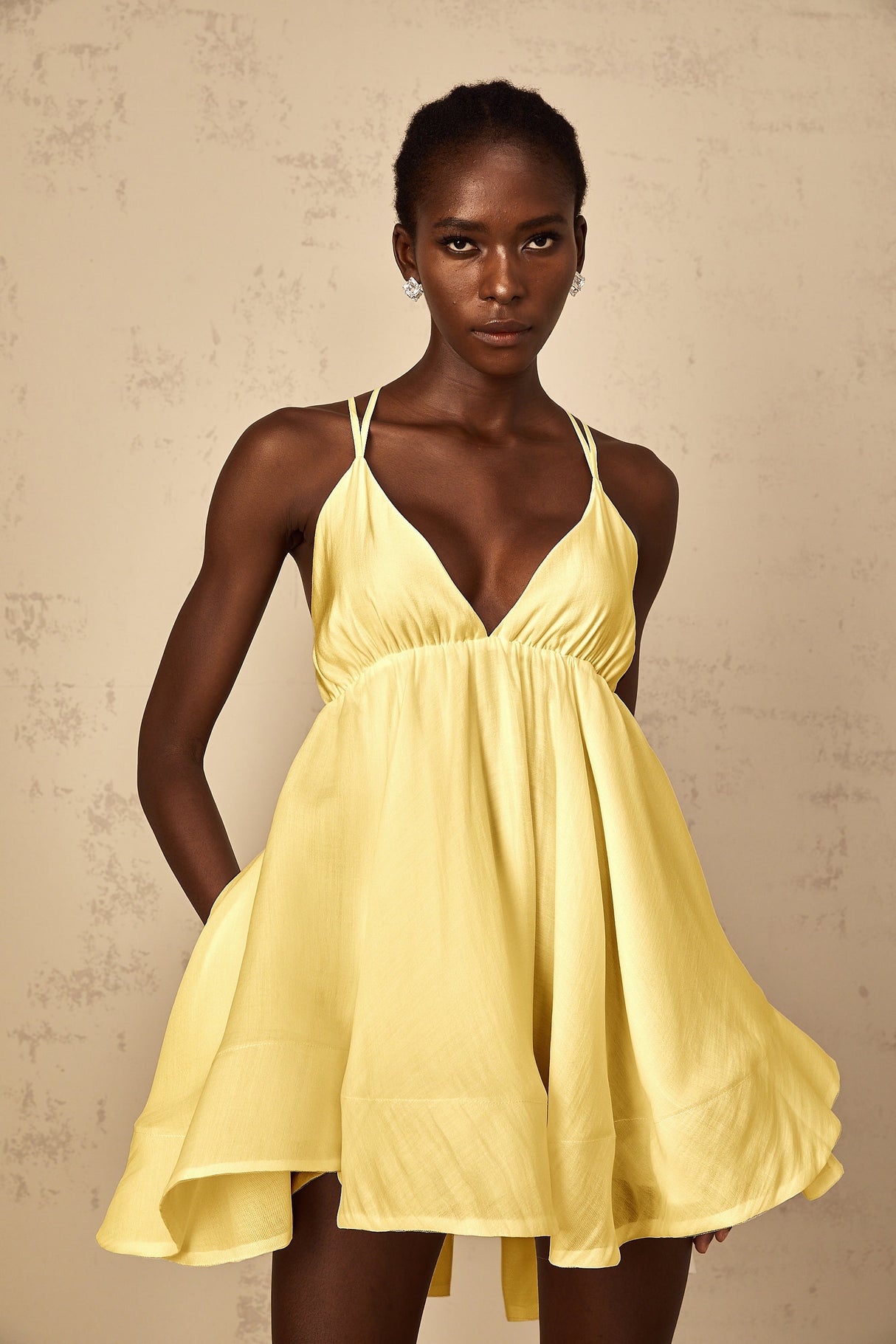 Aurohaya Quincie Yellow Shirred Flounced Mini Dress