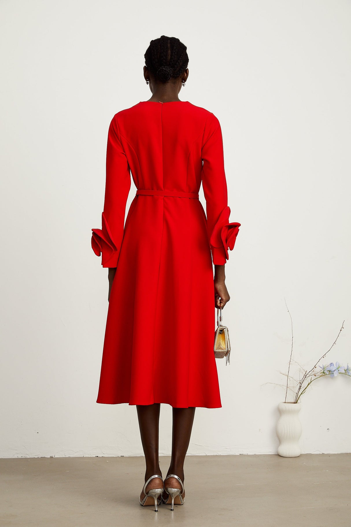 Aurohaya Elysia floral-embellished red long-sleeve dress