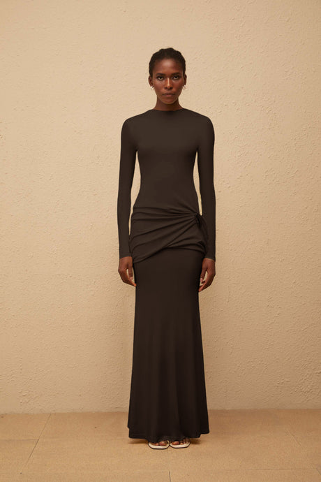 Aurohaya Nolwenn Brown Gathered Maxi Dress