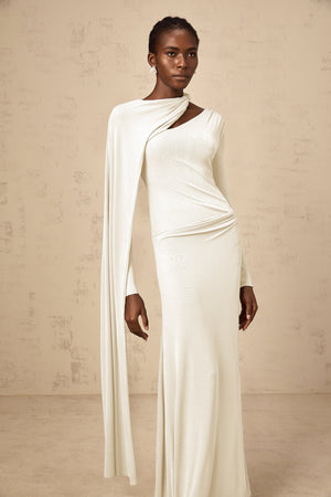Aurohaya Josette White Diagonal Shawl Fitted Maxi Dress