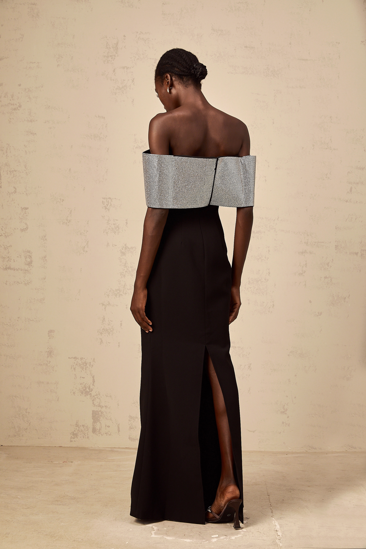 Aurohaya Chloé black rhinestone-bow off-shoulder maxi dress