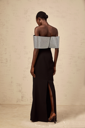 Aurohaya Chloé black rhinestone-bow off-shoulder maxi dress