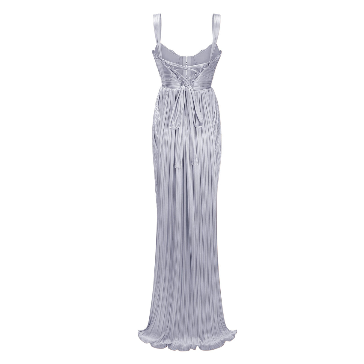 Aurohaya Nicoletta Silver Glossy Pleated Corset Maxi Dress