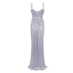 Aurohaya Nicoletta Silver Glossy Pleated Corset Maxi Dress
