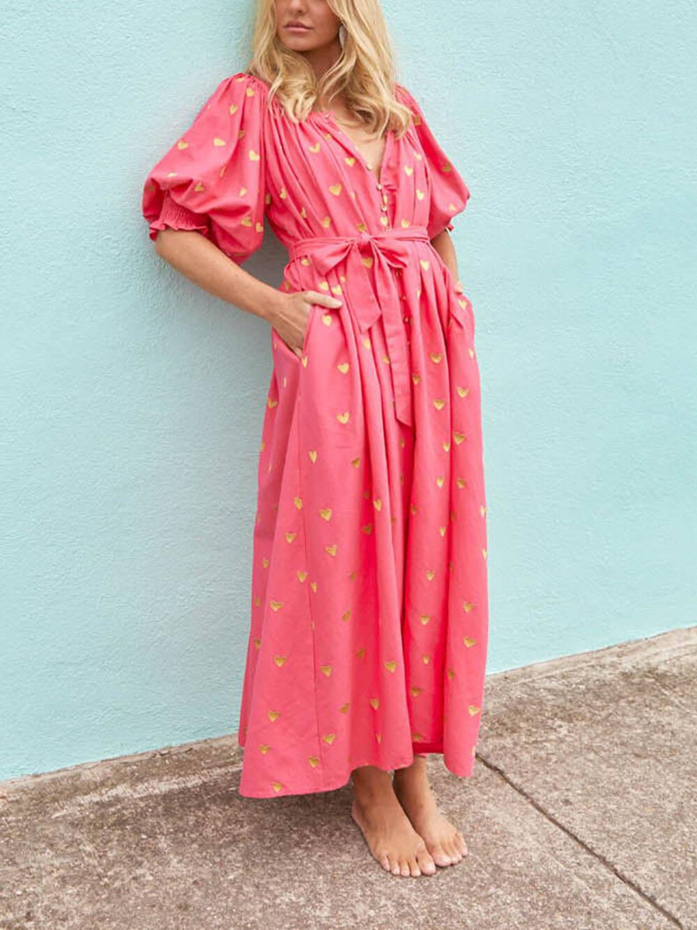 Aurohaya Printed Cardigan Short Sleeve Oversized Midi Dress