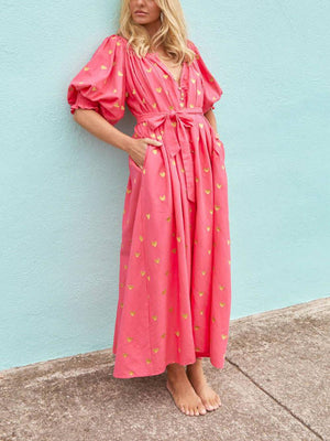 Aurohaya Printed Cardigan Short Sleeve Oversized Midi Dress