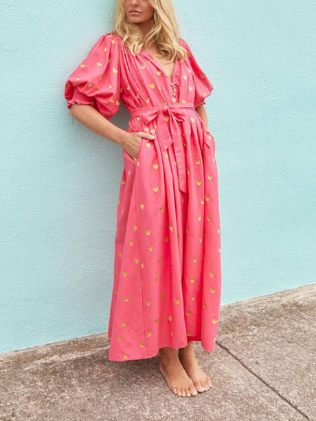 Aurohaya Printed Cardigan Short Sleeve Oversized Midi Dress