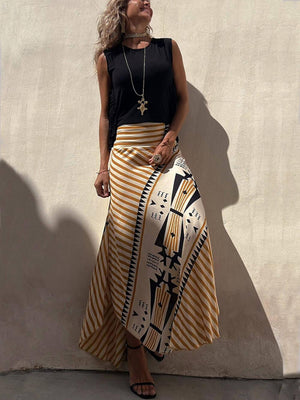 Aurohaya Geometric Print Elastic Waist Maxi Skirt