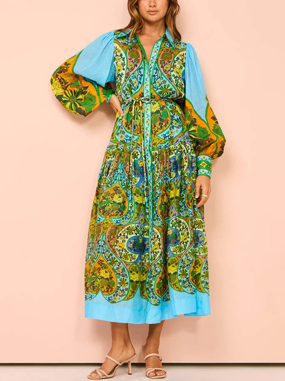 Aurohaya Ethnic Print Cardigan Lace-Up Lapel Long-Sleeved Dress