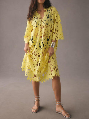 Aurohaya Lace Cover Up Beach Midi Dress Yellow One size