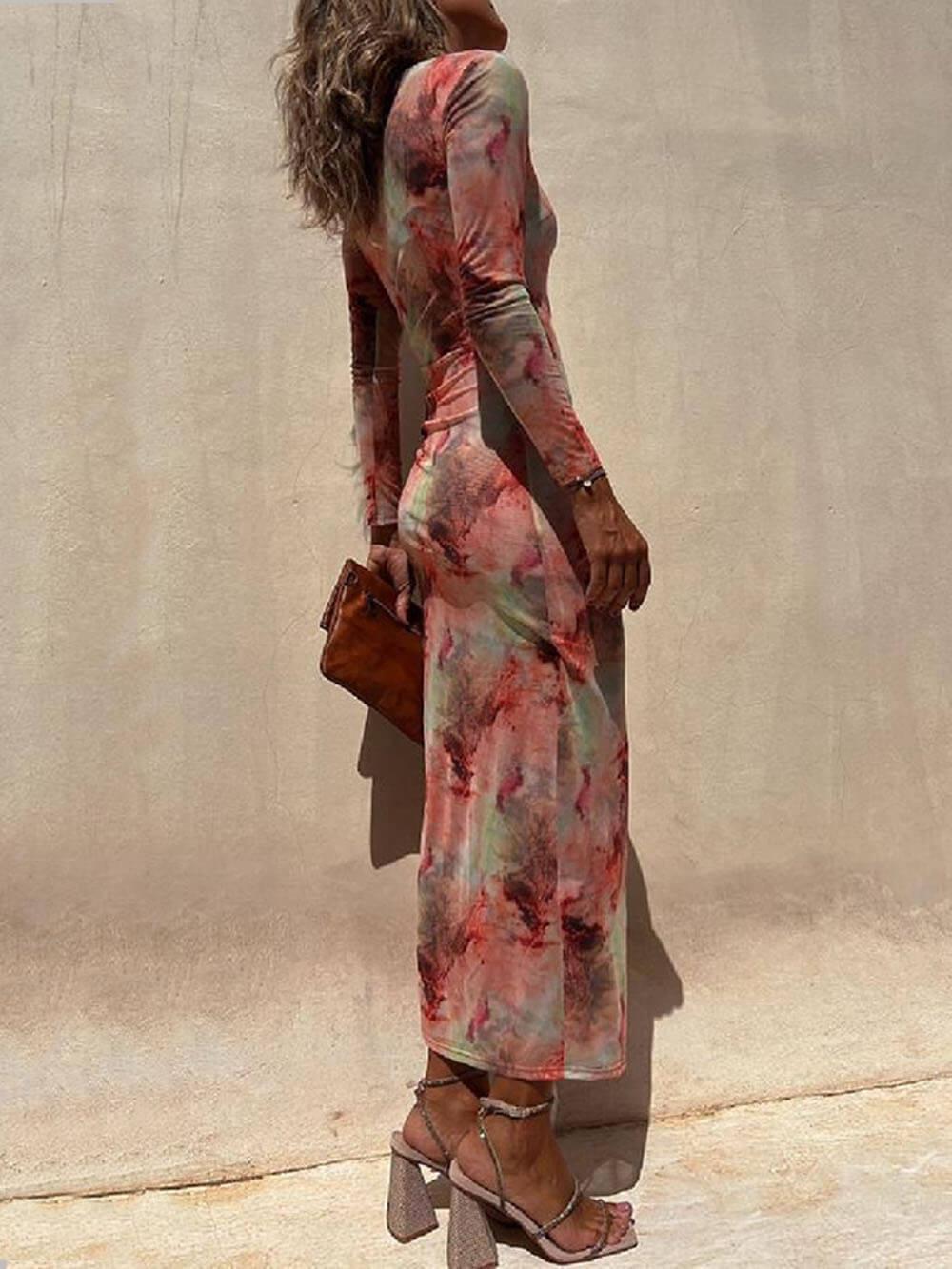 Aurohaya Charm Lady Mesh Overlay Tie Dye Print Long Sleeve Ruched Stretch Midi Dress