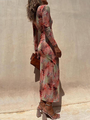 Aurohaya Charm Lady Mesh Overlay Tie Dye Print Long Sleeve Ruched Stretch Midi Dress