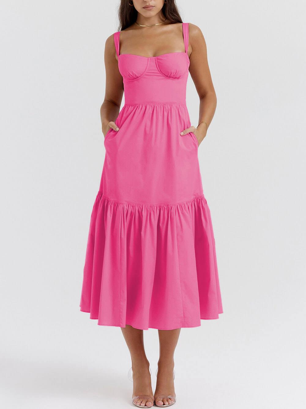 Aurohaya Strap Solid Color A-Hem Midi Dress