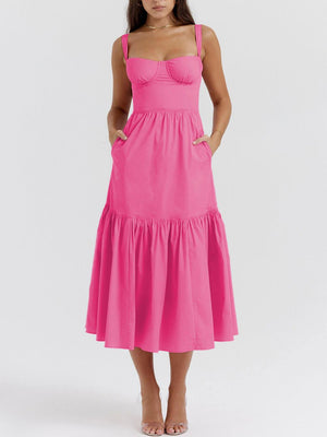 Aurohaya Strap Solid Color A-Hem Midi Dress