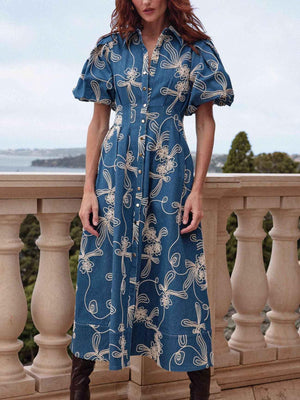 Aurohaya Elegant Denim Jacquard Waist Midi Dress Blue