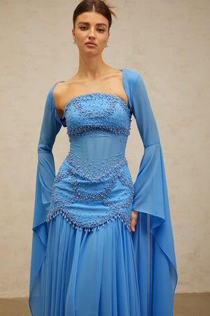 Aurohaya Gaëlle Blue Faux-pearl-embellished Pleated Maxi Dress