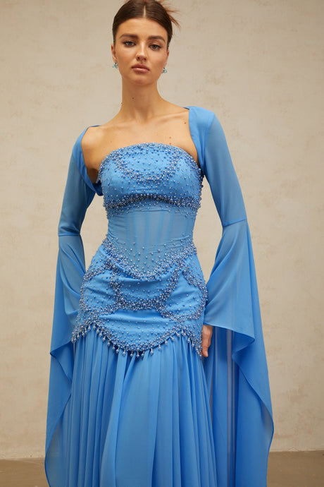 Aurohaya Gaëlle Blue Faux-pearl-embellished Pleated Maxi Dress