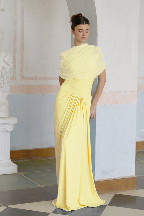 Aurohaya Catherine asymmetrical pleated maxi dress in Yellow
