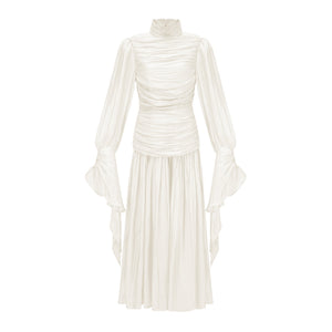 Aurohaya Sarolta Neutral Glossy Ruched Maxi Dress