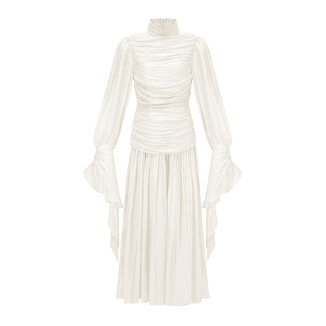 Aurohaya Sarolta Neutral Glossy Ruched Maxi Dress