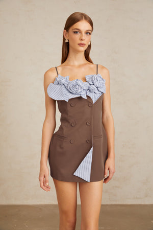 Aurohaya Johanna Brown Floral Panelled Mini Dress