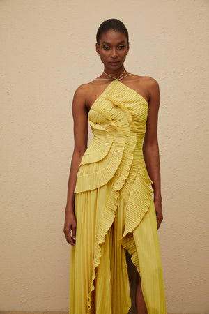 Aurohaya Doux Yellow Ruffled Trim Pleated Midi Dress