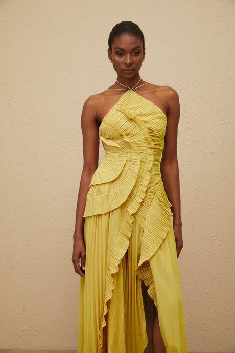 Aurohaya Doux Yellow Ruffled Trim Pleated Midi Dress