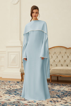 Aurohaya Piroska Blue Pearl Trim Shawl Detail Maxi Dress