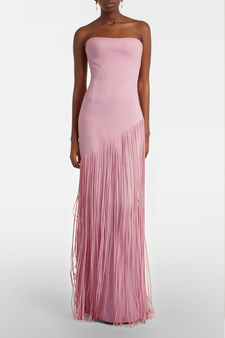 Aurohaya Cayetana Pink Fringe Maxi Dress with Cape Effect